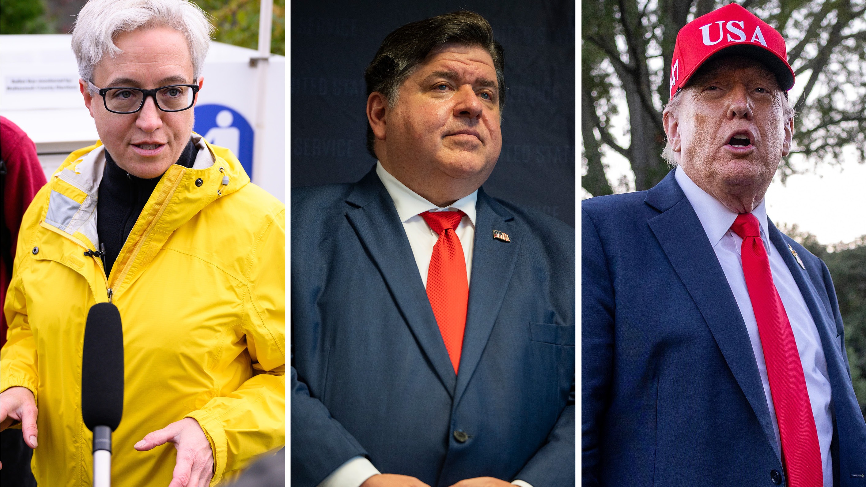 From left: Oregon Gov. Tina Kotek, Illinois Gov. JB Pritzker, President Trump. Both Oregon and Illinois are suing the Trump administration in federal court over the possible deployment of the National Guard to their states.